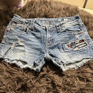 Miss Me Denim Shorts with Star and Stripe Embellishments